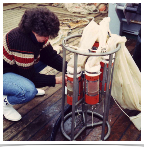 Dr. Alshuth unscrews the five cod end collecting devices accumulating plankton from different water depths.