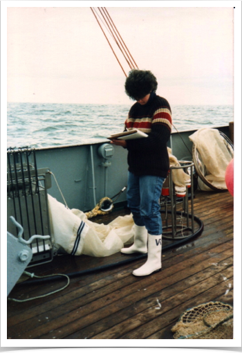 Dr. Alshuth recording physical oceanographic data associated with the distribution and abundance of ichthyoplankton.